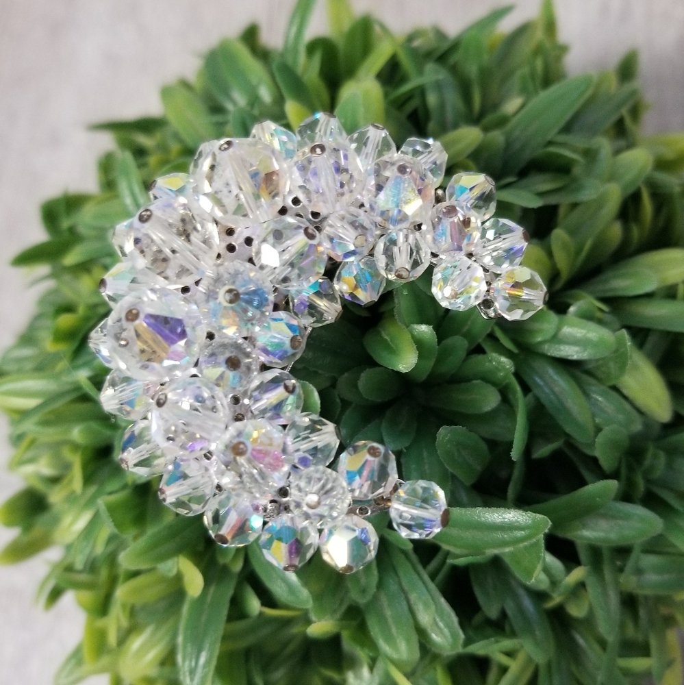 Vintage AB crescent moon beaded brooch